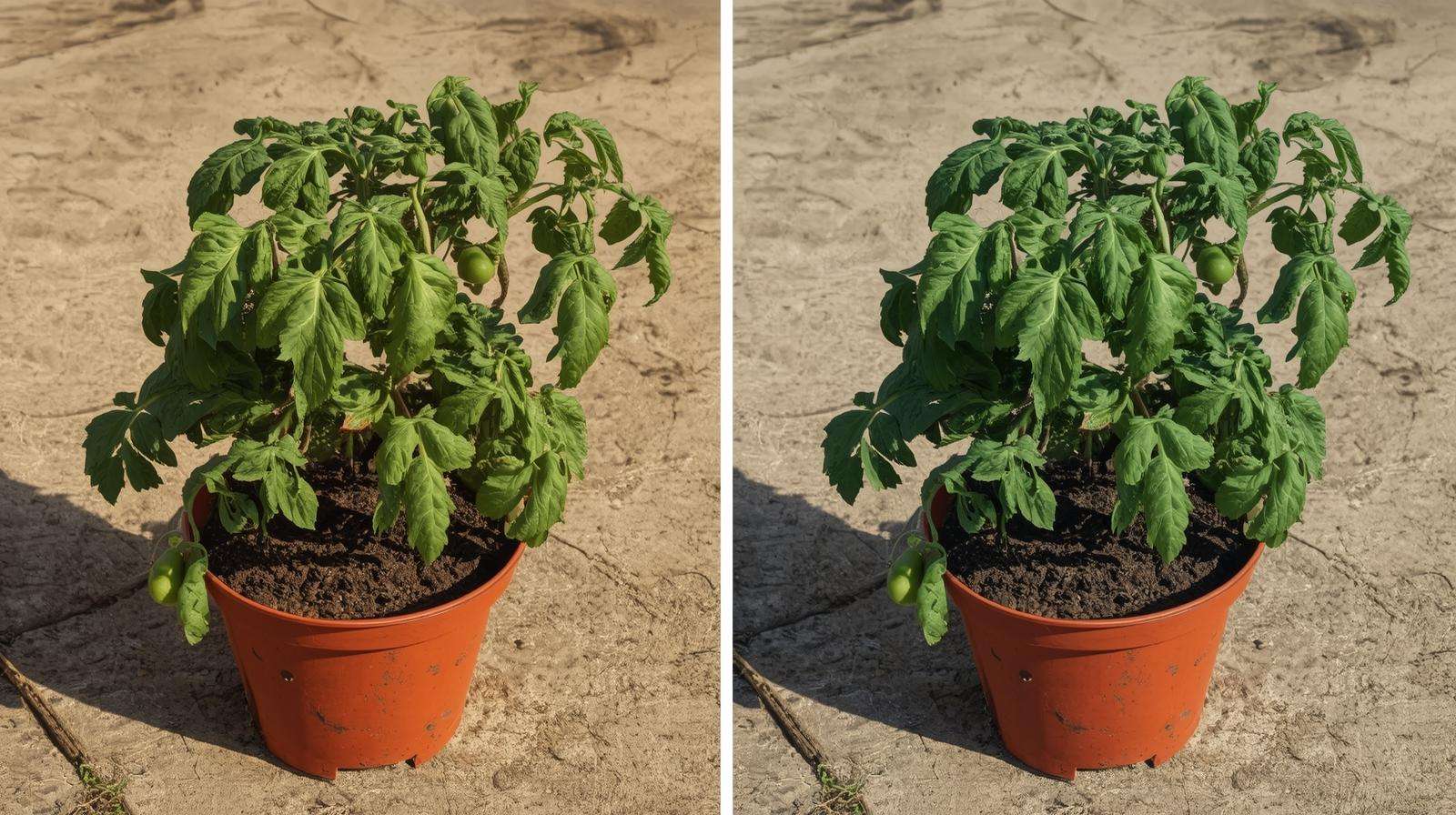 Before and after comparison of heat-stressed vs revived container tomato plant after proper watering