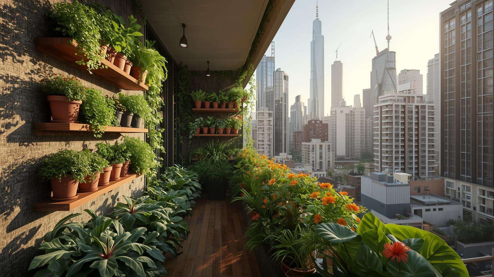 Real-world example of lush vertical garden on small balcony railing and wall with mixed plants and flowers