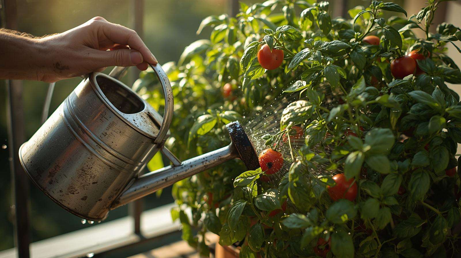 Watering thriving cherry tomatoes and basil plants in containers on balcony garden morning routine