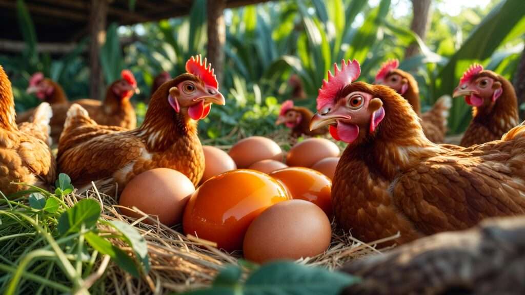 Pasture-raised hens and nutrient-rich eggs from home-grown feed system.