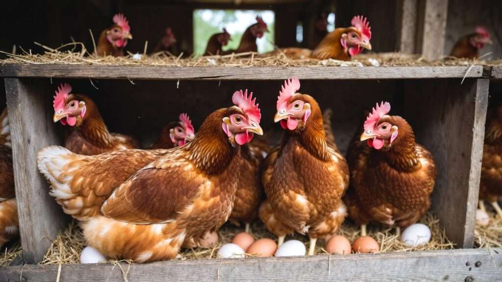 Backyard hens naturally laying eggs in nesting boxes with fresh produce in sustainable poultry system