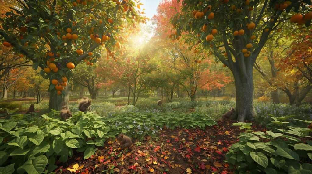 Layered native persimmon serviceberry pawpaw food forest in Zone 5 organic permaculture system