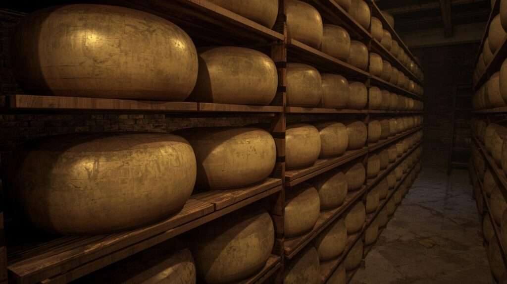 Aged long-keeping hard cheese wheels on homestead aging shelves for surplus milk preservation