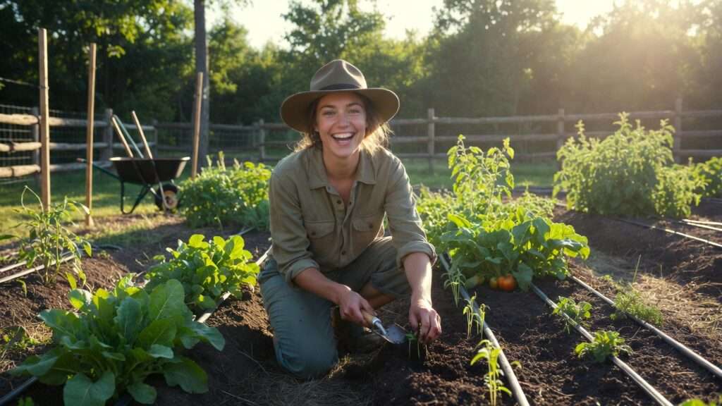 Beginner homesteader planting in rotated garden beds achieving successful first-year crop rotation results