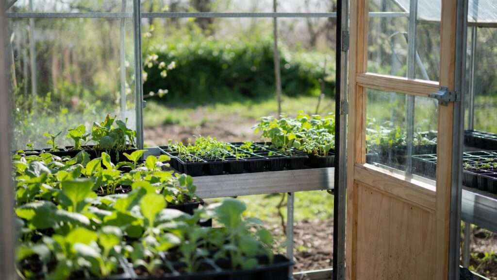 Greenhouse door partially open to spring outdoor light, trays of young vegetable seedlings being hardened off on a bench near the entrance, fresh green plants transitioning from indoor to outdoor conditions, natural sunlight streaming in, realistic spring scene, permaculture resilience focus, no text, vibrant and hopeful mood, 16:9 aspect ratio --ar 16:9 --v 5