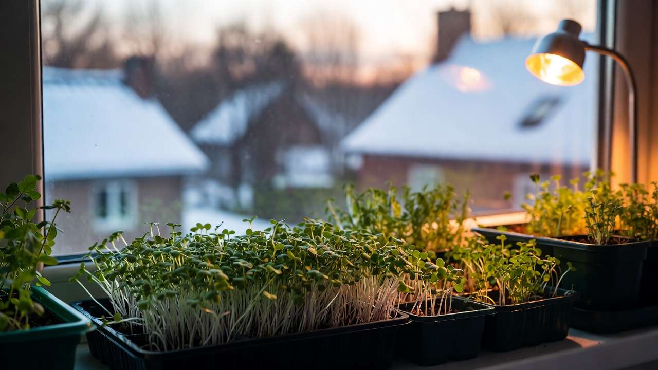 Indoor microgreens and herbs on windowsill for year-round gardening during busy full-time schedules