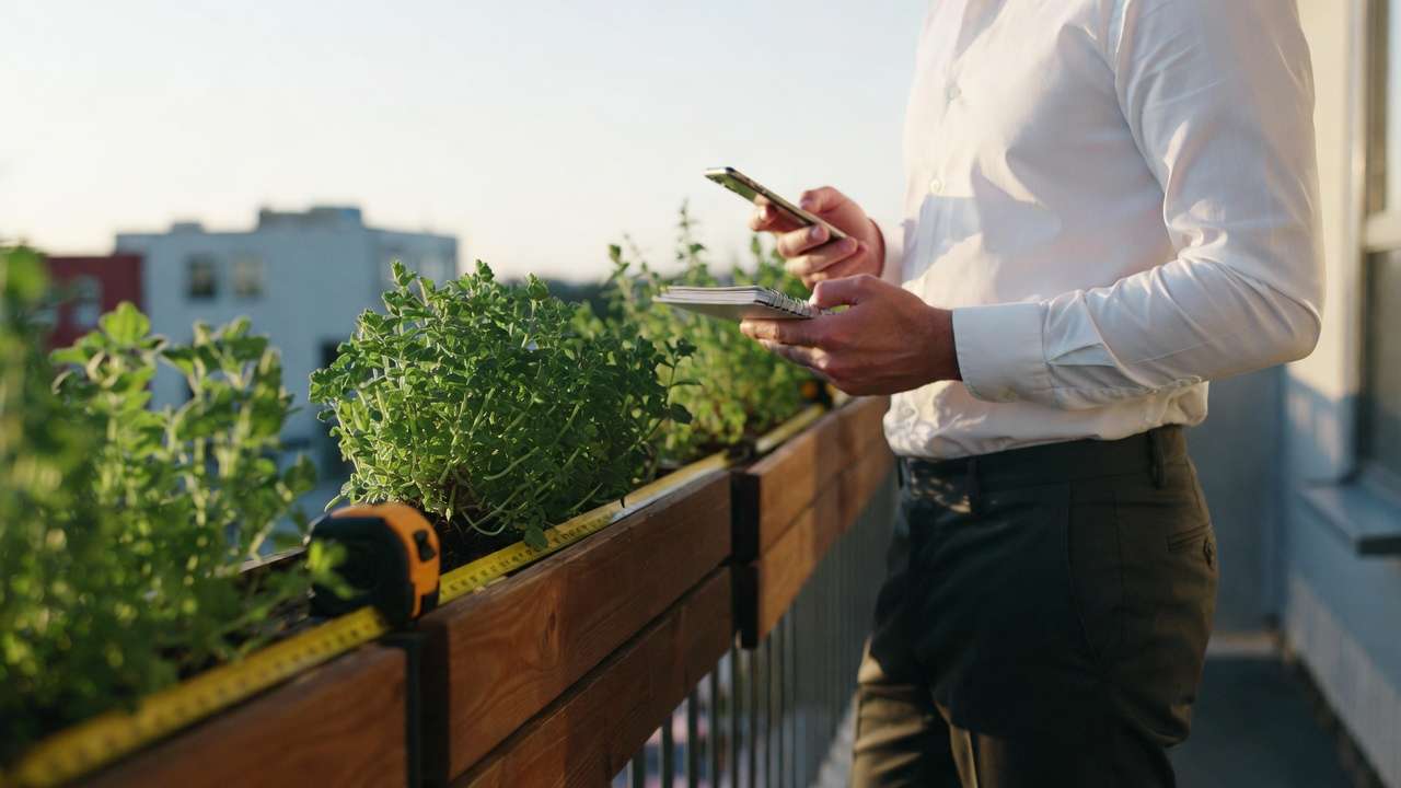 Busy professional auditing time and space on small balcony for low-maintenance garden planning
