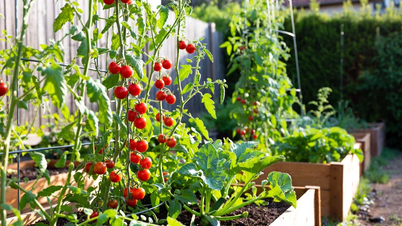High-yield crops like vertical tomatoes pole beans and greens thriving in a tiny US backyard garden