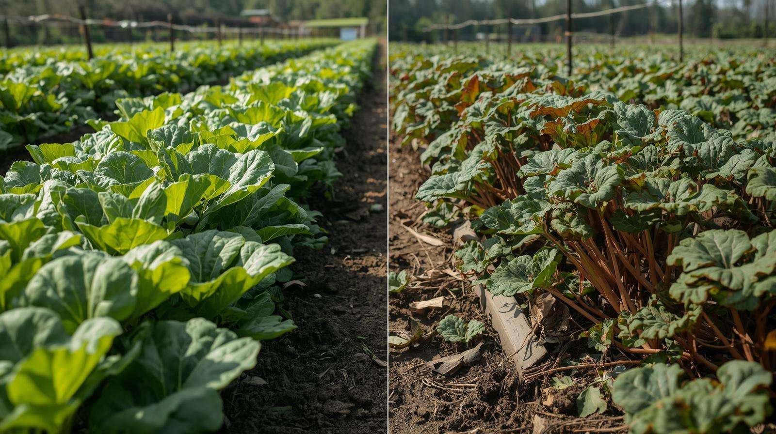 Healthy vs termite-damaged crops growing along bed edges