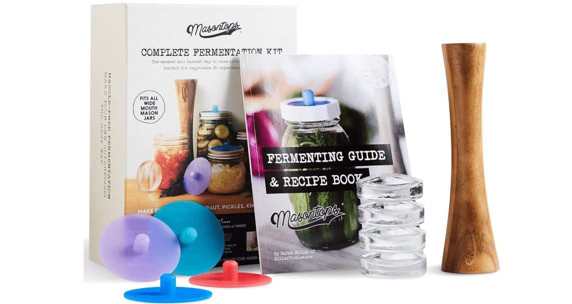 Masontops Complete Mason Jar Fermentation Kit - Pickle Kit, Sauerkraut Making Kit Kimchi Container - Fermentation Airlock Lids Wide Mouth Mason Jars