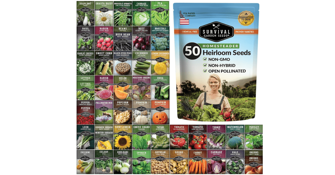 Homesteader Seed Vault - 50 Packs of Non-GMO Heirloom Vegetable, Fruit, Herb Seeds for Planting a Victory Garden - Grow Survival Food for Storage, Emergency Preparedness - Survival Garden Seeds