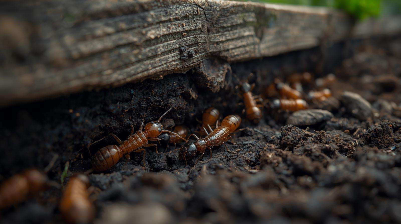 Subterranean termites moving through soil near raised bed edging in agricultural field