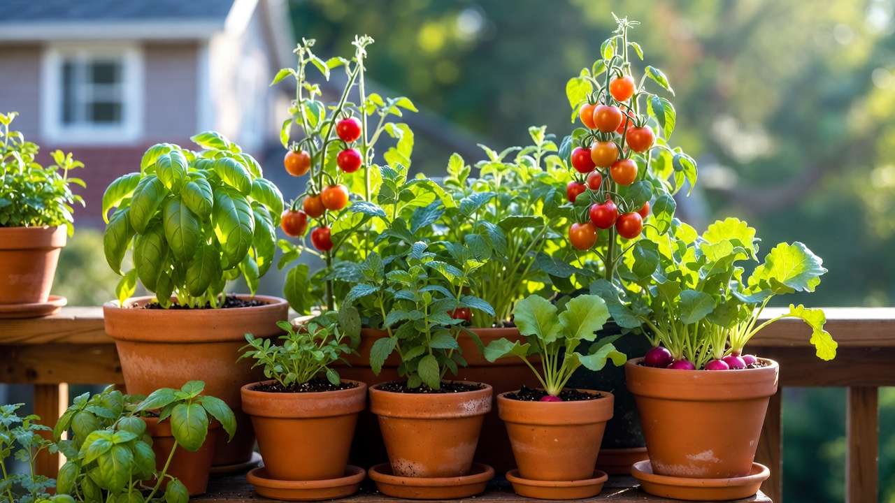 Low-maintenance container garden with herbs tomatoes and greens perfect for full-time workers