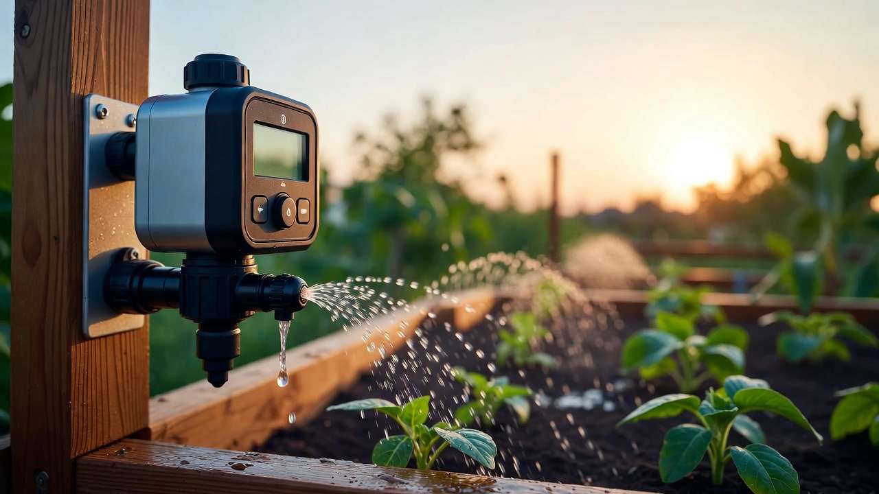 Automated drip irrigation timer on raised bed for time-saving gardening when working full-time
