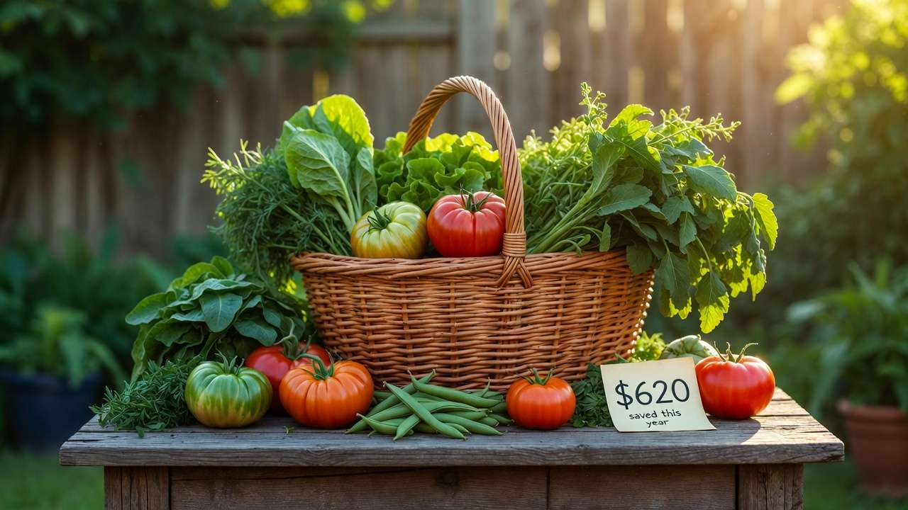 Abundant homegrown harvest from budget garden showing real money savings