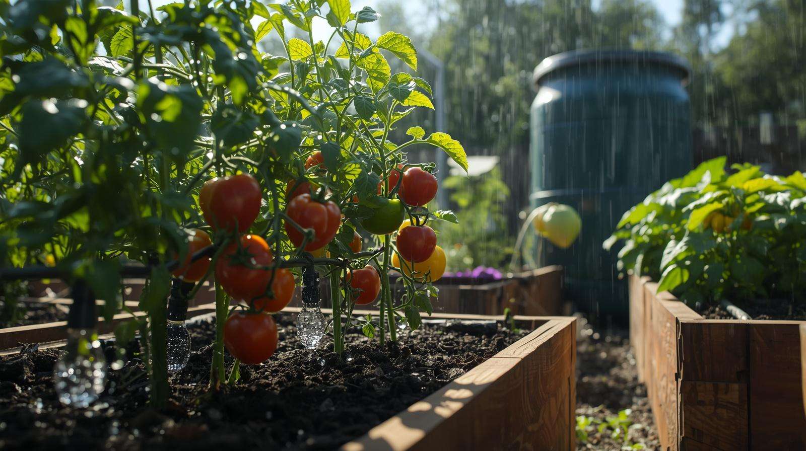 Drip irrigation using collected rainwater on thriving vegetable garden beds