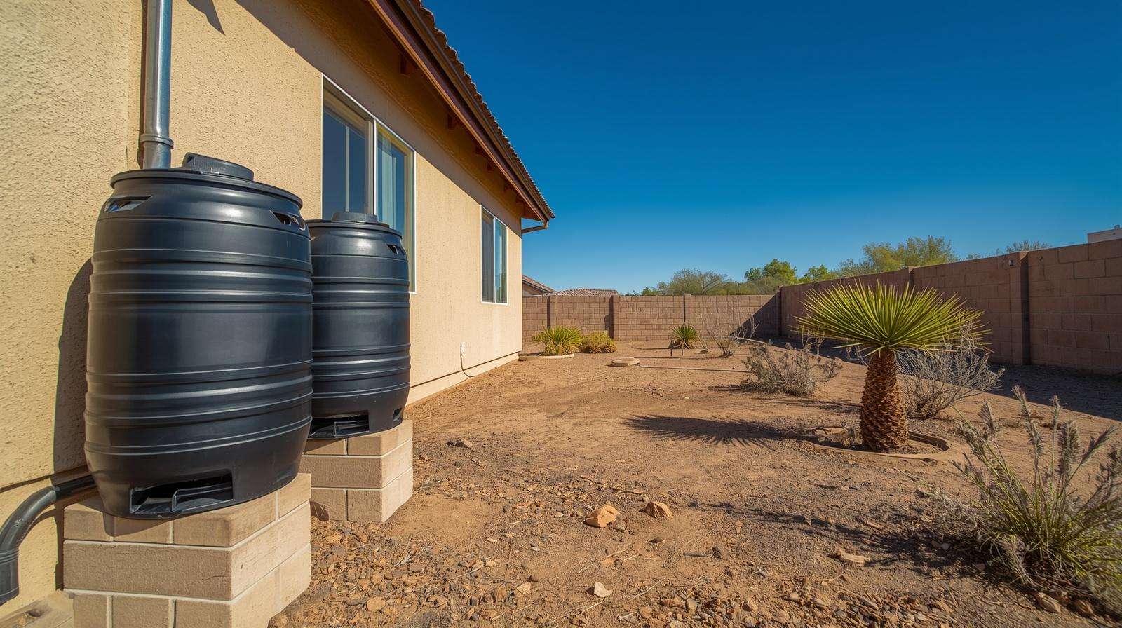 Simple rain barrel system with first-flush diverter in arid backyard for safe water catchment