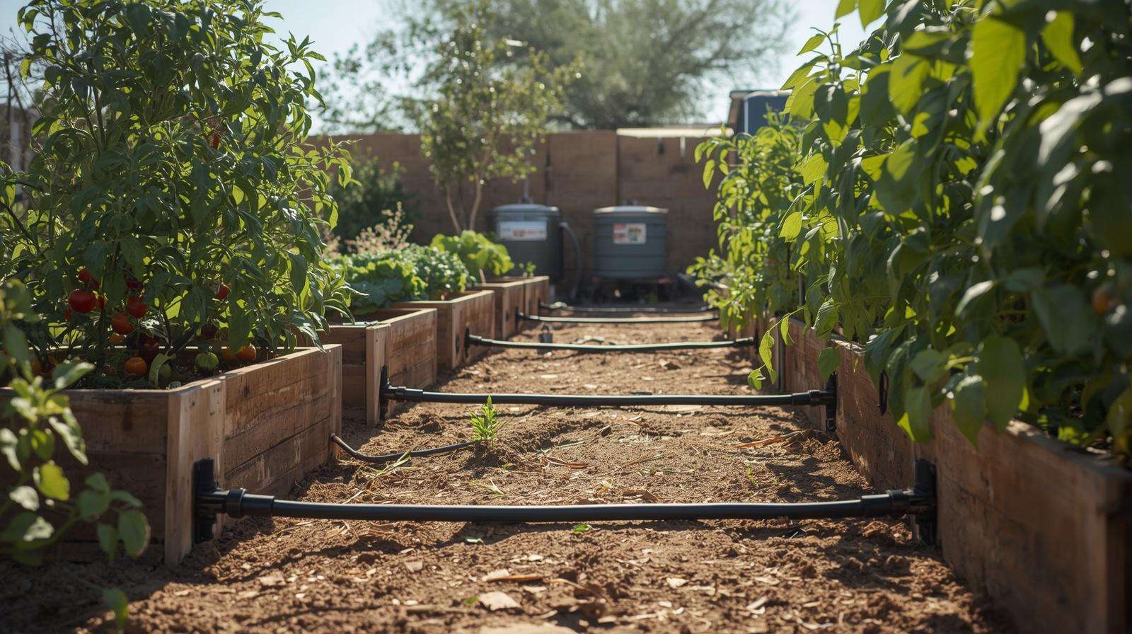 Drip irrigation with harvested rainwater on vegetables in arid home garden