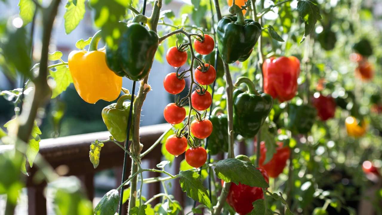 Productive small-space tomato and pepper plants on trellis saving hundreds on fresh produce