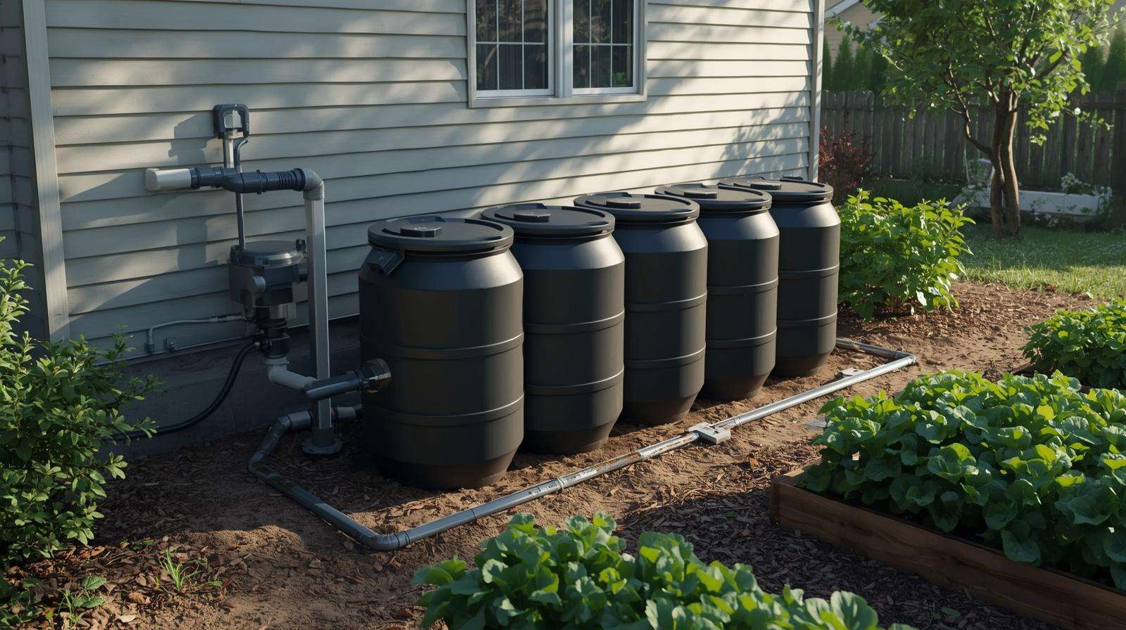 Safe covered cistern and rain barrel storage system for home garden rainwater harvesting