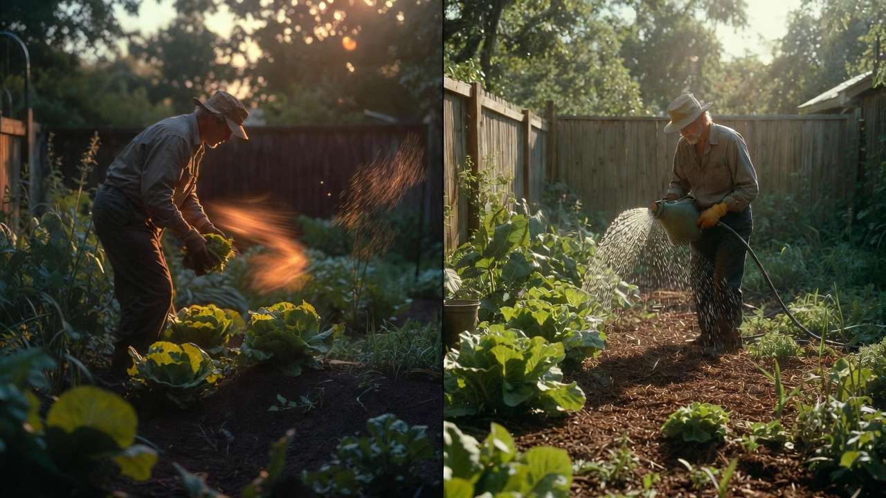 Easy weekly garden routine for busy full-time workers showing quick daily and weekend tasks