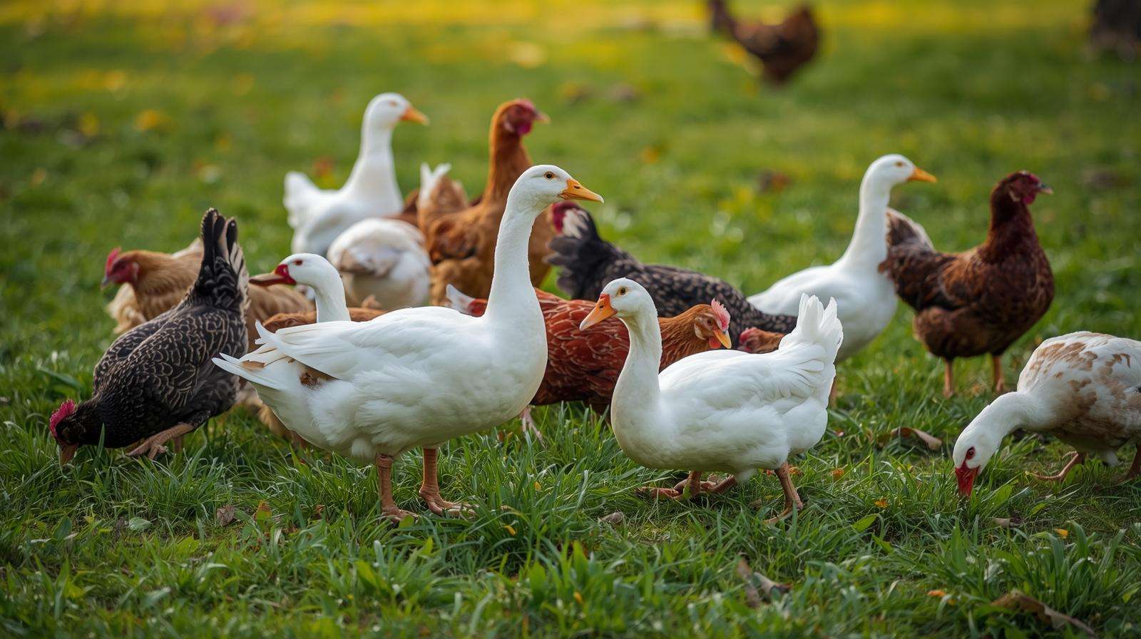 Mixed flock of ducks and chickens peacefully foraging together in a backyard run.