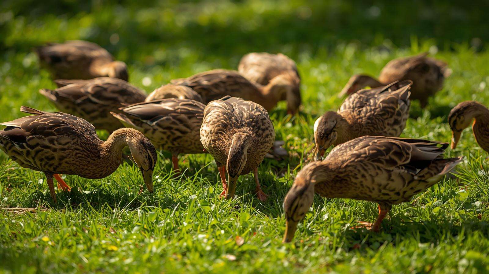 Khaki Campbell ducks foraging in backyard garden for natural pest control