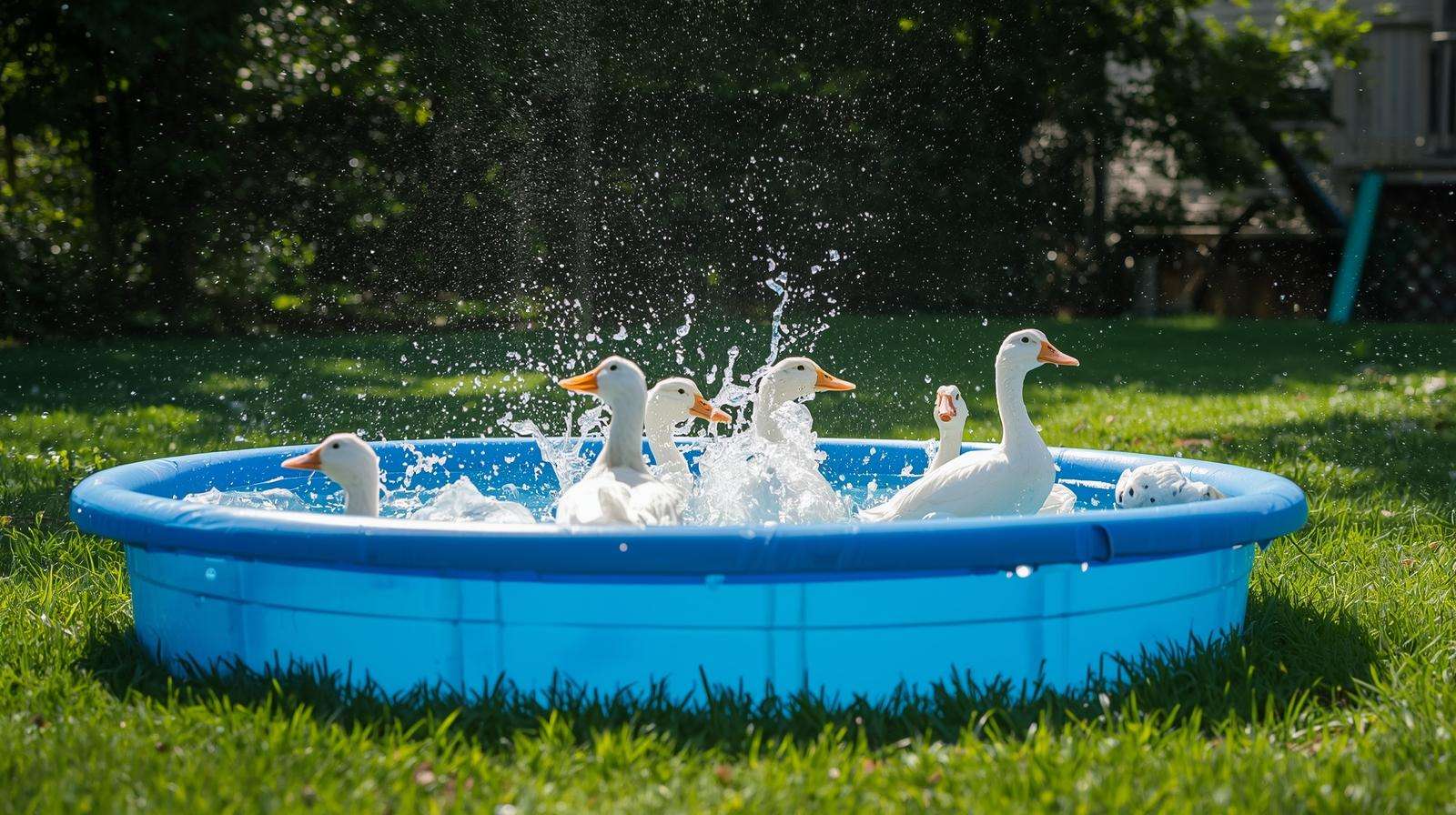 Pekin ducks enjoying daily bath in kiddie pool in backyard setup