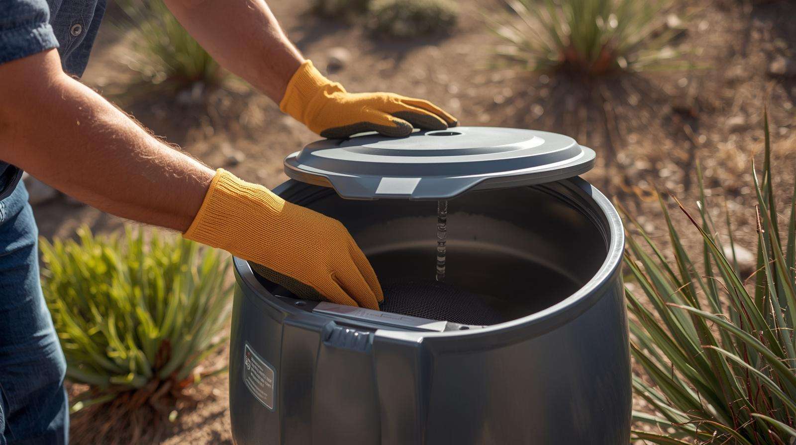 Routine maintenance on rain barrel system for safe long-term water catchment in arid climates