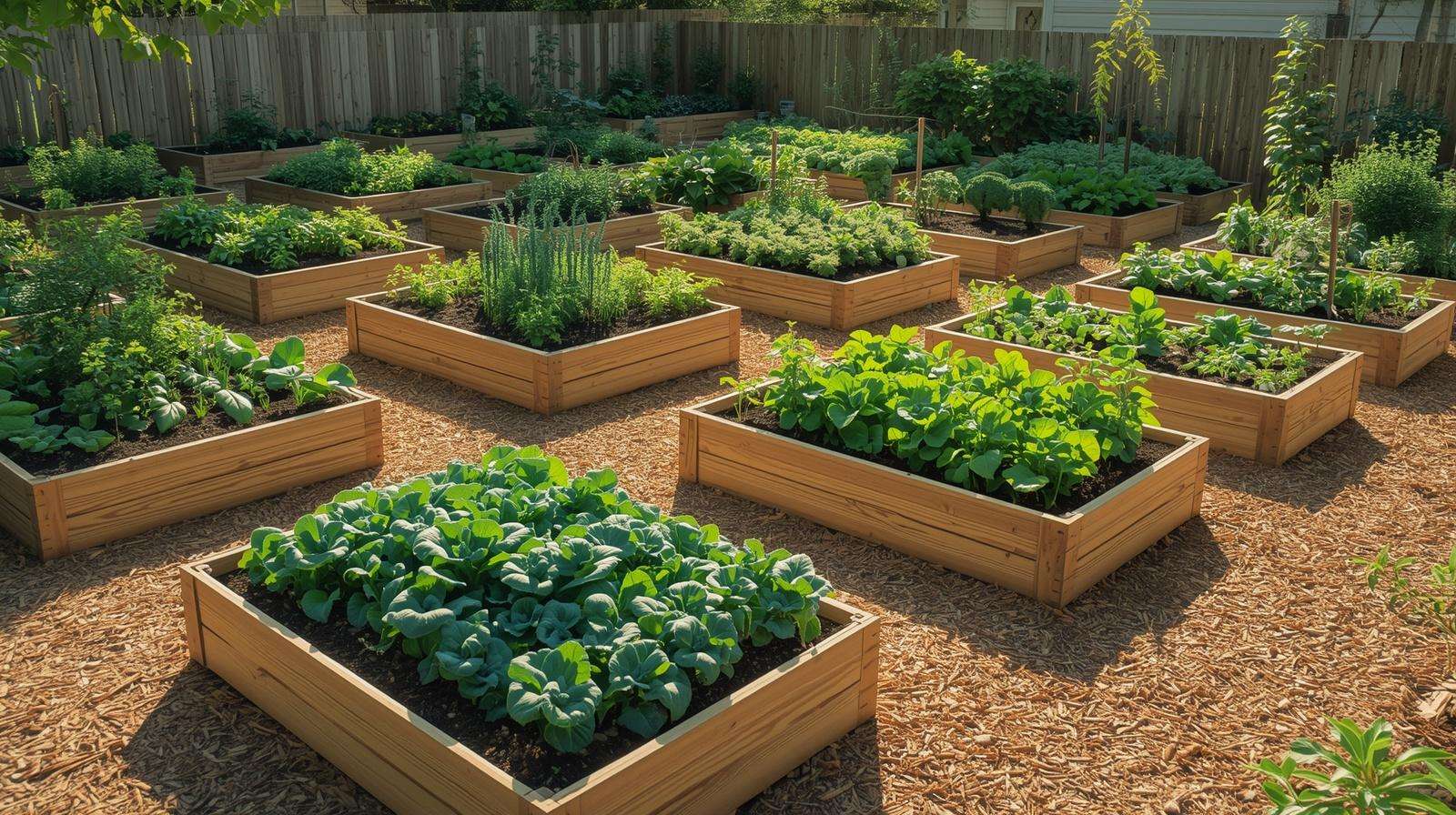 Raised bed grid layout in backyard garden for high productivity and easy access