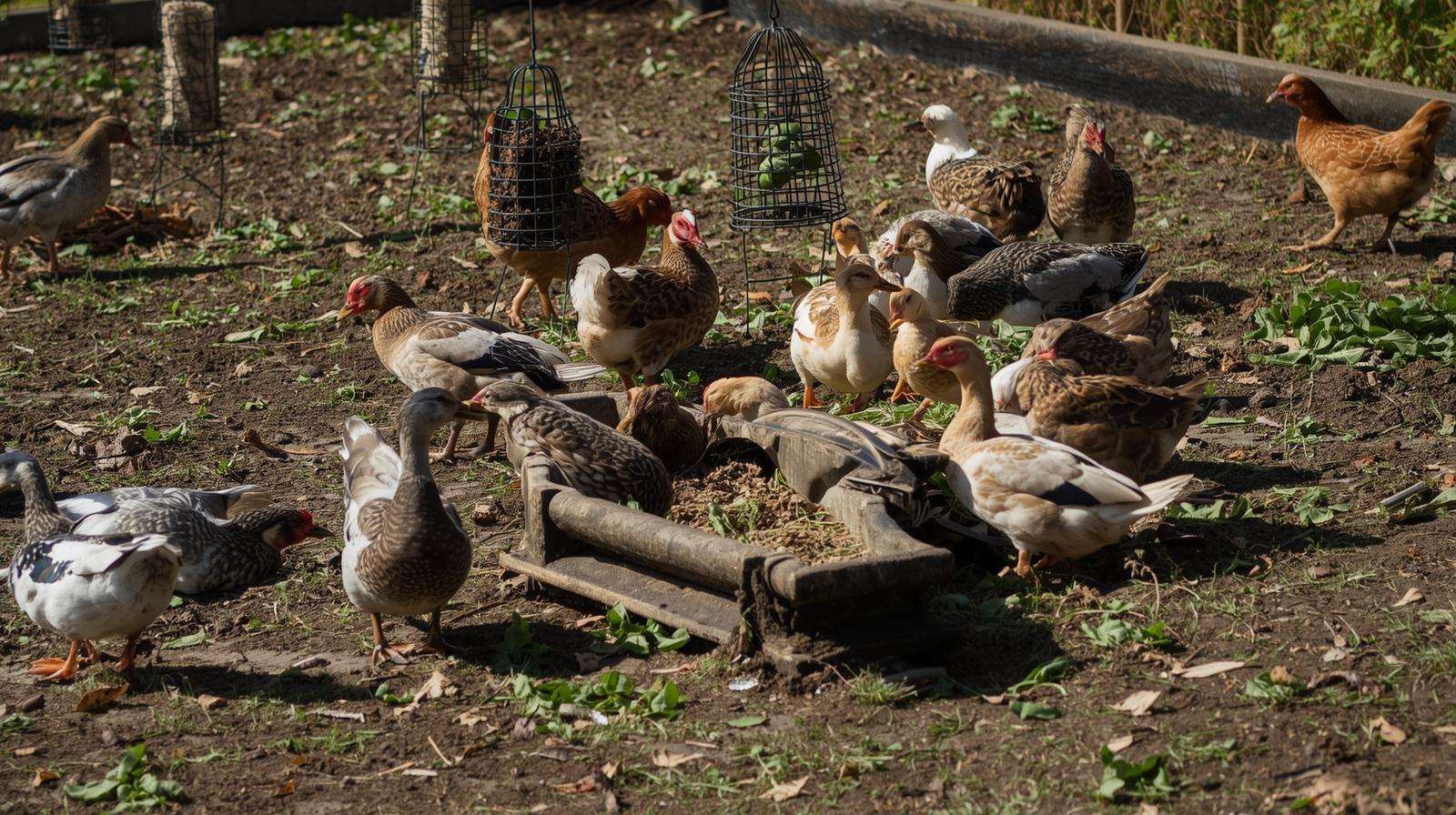 Ducks and chickens feeding calmly from separate stations in a mixed poultry run.