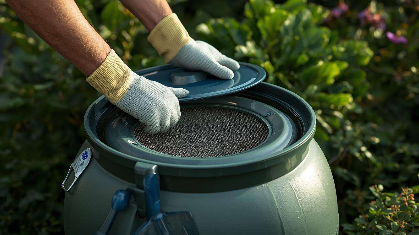 Routine maintenance on rain barrel system for safe long-term rainwater use in garden