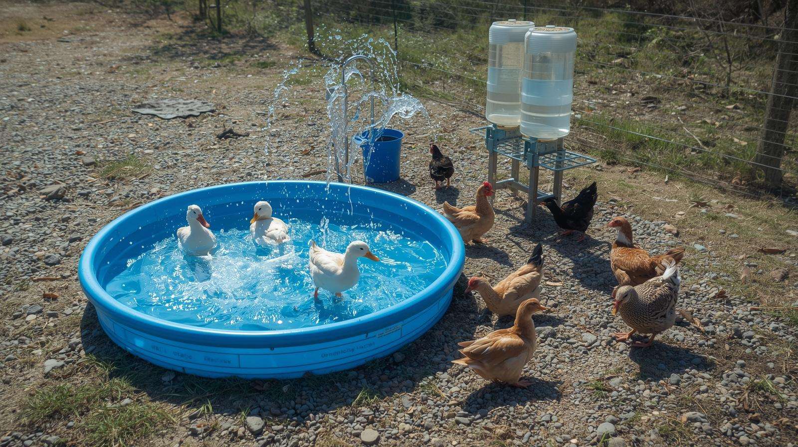 Separate water stations for ducks (pool on gravel) and chickens (elevated nipple drinkers) in a mixed flock run.