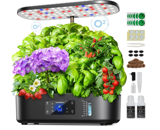 Ahopegarden Hydroponics Growing System Kit Indoor Herb Garden with Grow Light 12 Pods, with LCD Touch Panel Hydroponic Planter, Planting Height Up to 17", Grower Harvest Fresh Veggie Lettuce, Black 