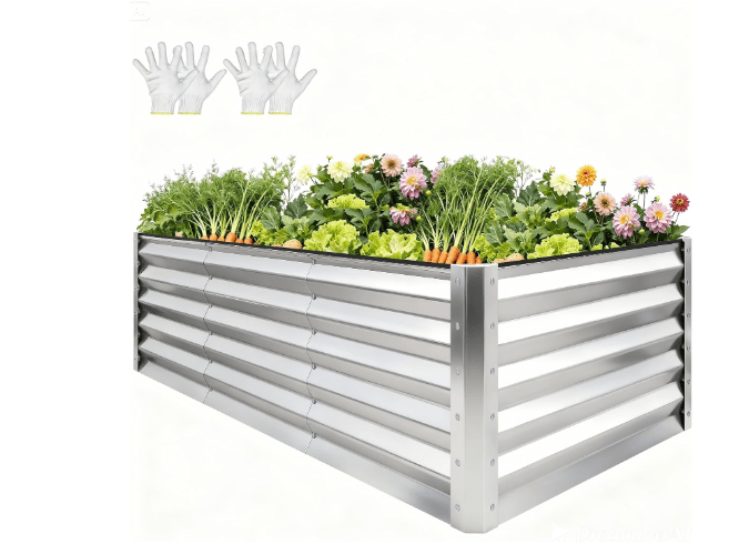YITAHOME 8x4x3ft Large Raised Garden Bed Kit, Galvanized Metal Planter Box with Gloves, Support Rod & Safety Rubber, Outdoor Above Ground Planters for Plants Vegetables Flowers, Silver