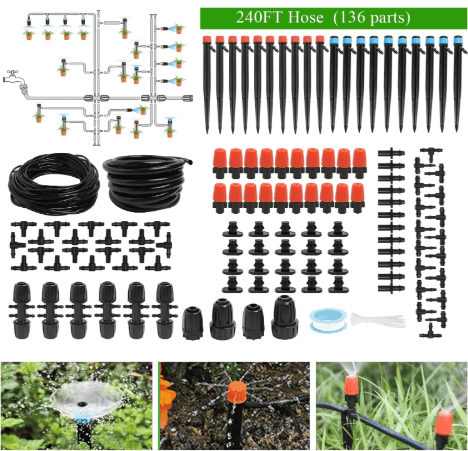 Maotong 240FT Drip Irrigation System Kit, Automatic Garden Watering Misting System for Greenhouse, Yard, Lawn, Plant with 1/2 inch Hose 1/4 inch Distribution Tubing and Accessories