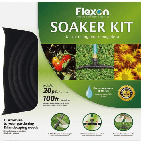 Flexon 20-Piece Soaker Hose Kit – Comes with a 100-ft Soaker Hose, 20 Connector Pieces, Non-Clogging, Efficient Watering System for Gardens, Lawns, and Landscaping