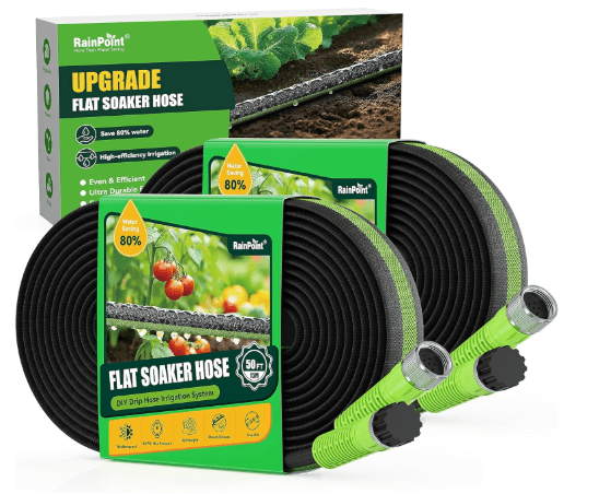 RAINPOINT Flat Soaker Hose 100FT for Garden, Drip Hose with Anodized Aircraft Aluminum Ends, Flexible Leakproof and Save 80% Water Garden Irrigation Hose,