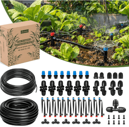 Drip Irrigation System Push-to-Connect Garden Watering System Kit for Raised Beds, Expandable DIY Drip Irrigation Kit with 1/2" & 1/4" Tubing, Adjustable Emitters, Leak-Proof Connectors