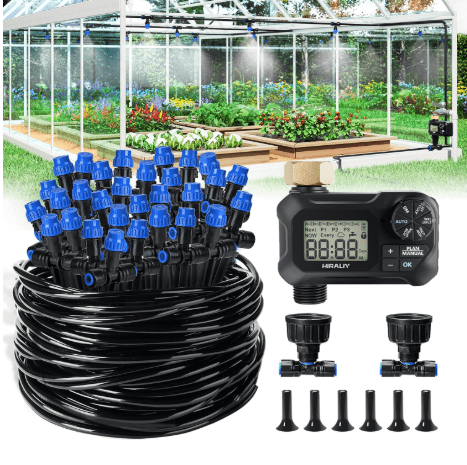 HIRALIY 118FT Greenhouse Misting Drip Irrigation Kit with Water Timer, Quick Connector Design Garden Watering System,