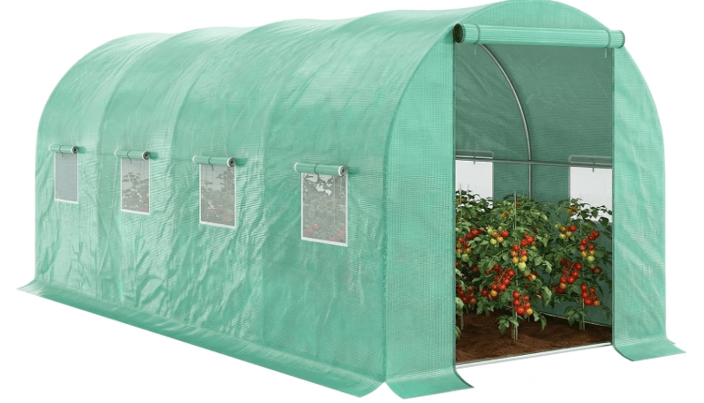 Outsunny 15' x 7' x 6.5' Walk-in Tunnel Hoop Greenhouse, Green House for Outside with PE Cover, Steel Frame, Roll-Up Zipper Door 
