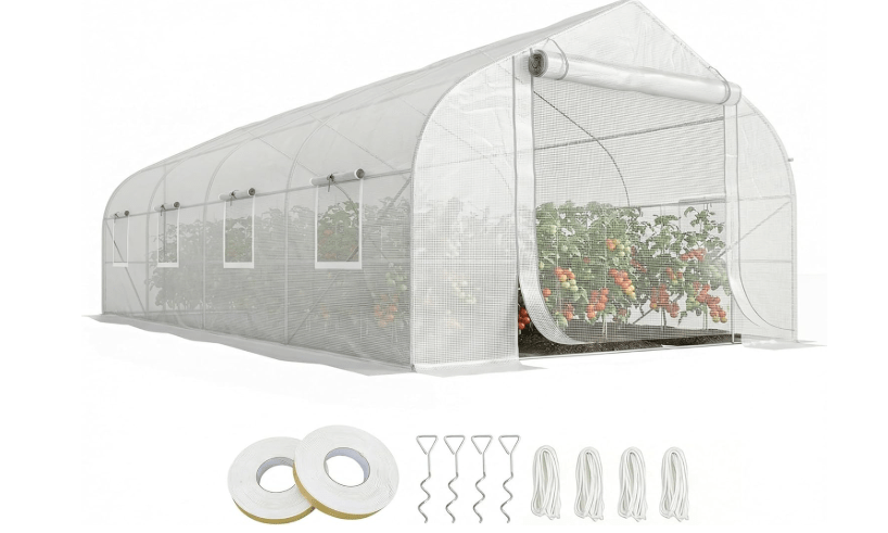 Outsunny 20' x 10' x 7' Walk-in Greenhouse, Tunnel Green House with Galvanized Steel Frame, Hoop House Kit with Zippered Door and 6 Windows, White