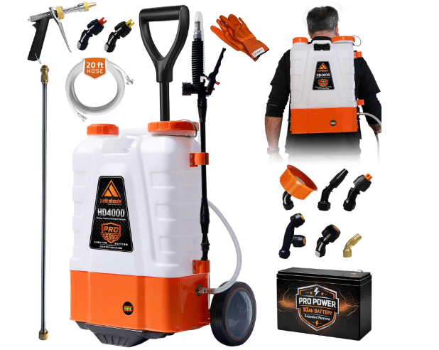 PetraTools Battery Powered Backpack Sprayer 4 Gallon - 8 Hours Long Battery Life & Padded Straps for Comfort - HD4000 Electric Backpack Garden Sprayer with 9 Spray Nozzles (HD4000 ProSeries with Cart)