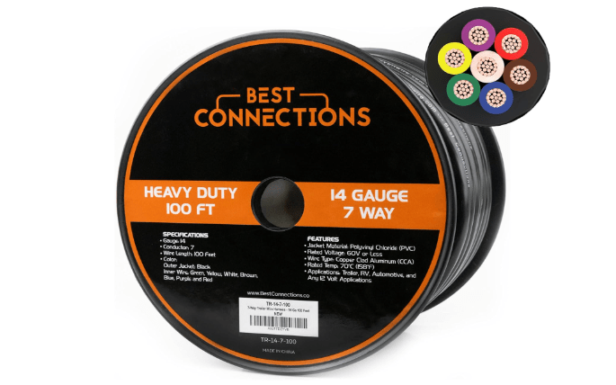BEST CONNECTIONS 7 Way Trailer Wire (100 Feet) Heavy Duty 14 Gauge 7 Conductor Insulated Cable Durable, Weatherproof, Color-Coded 7 Way Wiring Extension for RV and Automotive