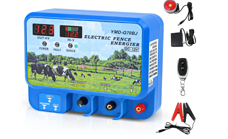 15.5J Electric Fence Charger, 15.5 Joules 600 Acres, AC DC 2 in 1 Powered Supply, Input 12V Output 12KV, with Display Remote and Alarm, Keep Out Predators, Contain Cattle Cow and Livestock