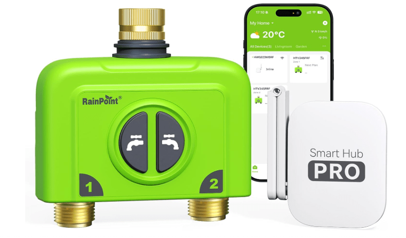 RAINPOINT WiFi Water Timer for Garden Hose, 2 Zone WiFi Sprinkler Controller, Smart Hose Timer Valve, Automatic Drip Irrigation System/Rain Delay for Garden/Lawn (Brass Inlet & Outlet, WiFi Gateway)