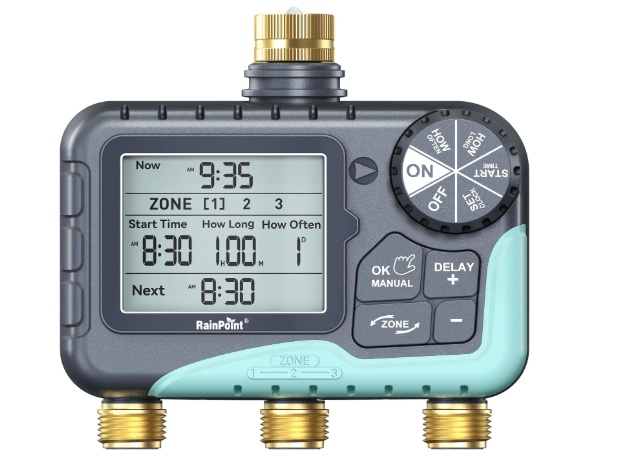 RAINPOINT 3 Zone Water Timer with Brass Inlet & Outlet, 3 Custom Watering Plans Sprinkler Timer, Featuring IP65 Waterproof,Rain Delay, Manual & Automatic Watering with Large LCD for Yard, 2026 Ver