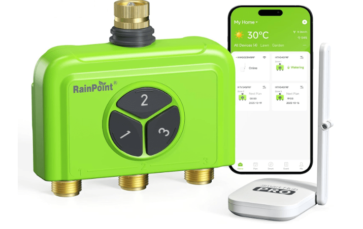 RAINPOINT 3 Zone WiFi Water Timer with Smart Gateway, Brass Inlet/Outlet WiFi Sprinkler Timer, Voice Control, Smart Watering System by Time/Weather/Quantity/Soil Moisture, Rain Delay & Manual Watering