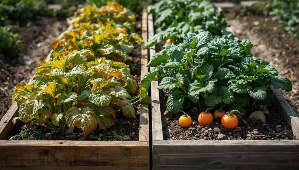 Comparison of unhealthy and healthy vegetable garden beds showing disease symptoms and improved plant growth