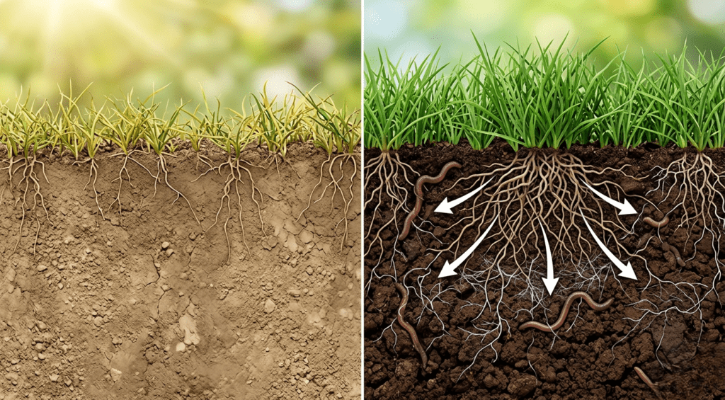 Scientific diagram comparing shallow roots of overgrazed grass vs. deep roots and rich carbon-sequestering soil under rotational grazing.